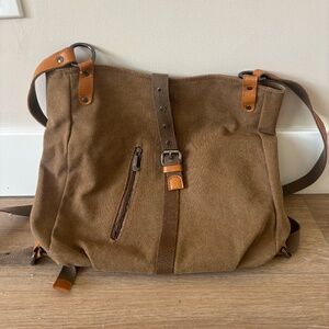Convertible Canvas Backpack / Messenger Bag – Brown w/ Leather Trim